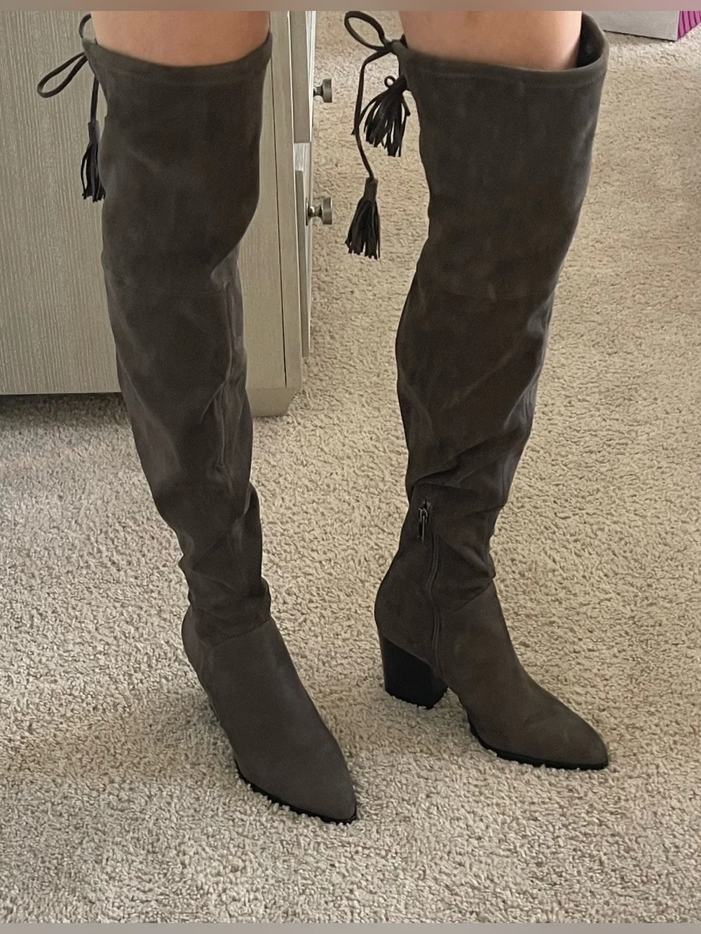 Over-the-Knee Pointed Toe Suede Boots in Gray